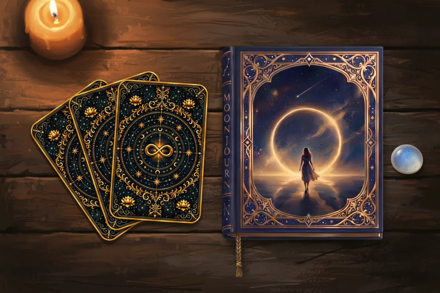 Das Moonjourn-Tagebuch auf einem Holztisch, daneben drei Tarotkarten, eine Kerze und ein Mondstein
