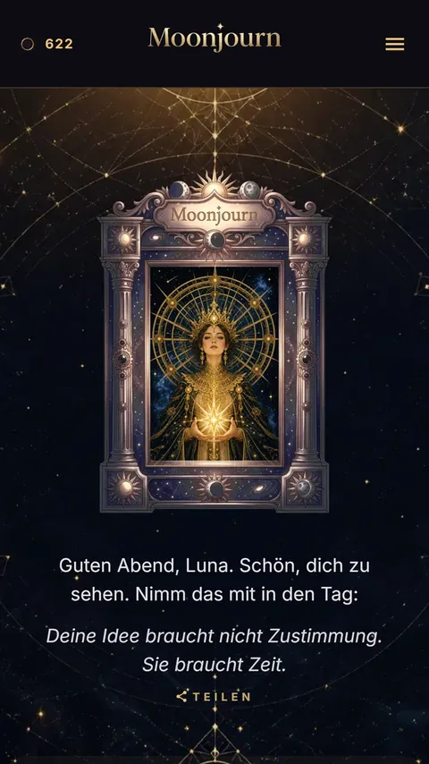 Der Heim-Bildschirm der App mit der Tageskarte und dem Satz für heute
