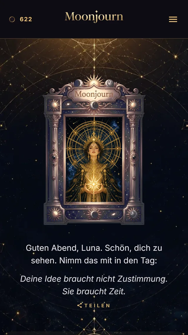 Der Heim-Bildschirm der App mit der Tageskarte und dem Satz für heute