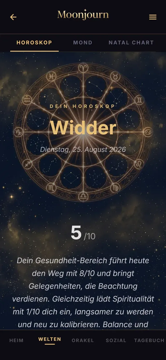 Das Tageshoroskop der App mit dem goldenen Tierkreis-Rad