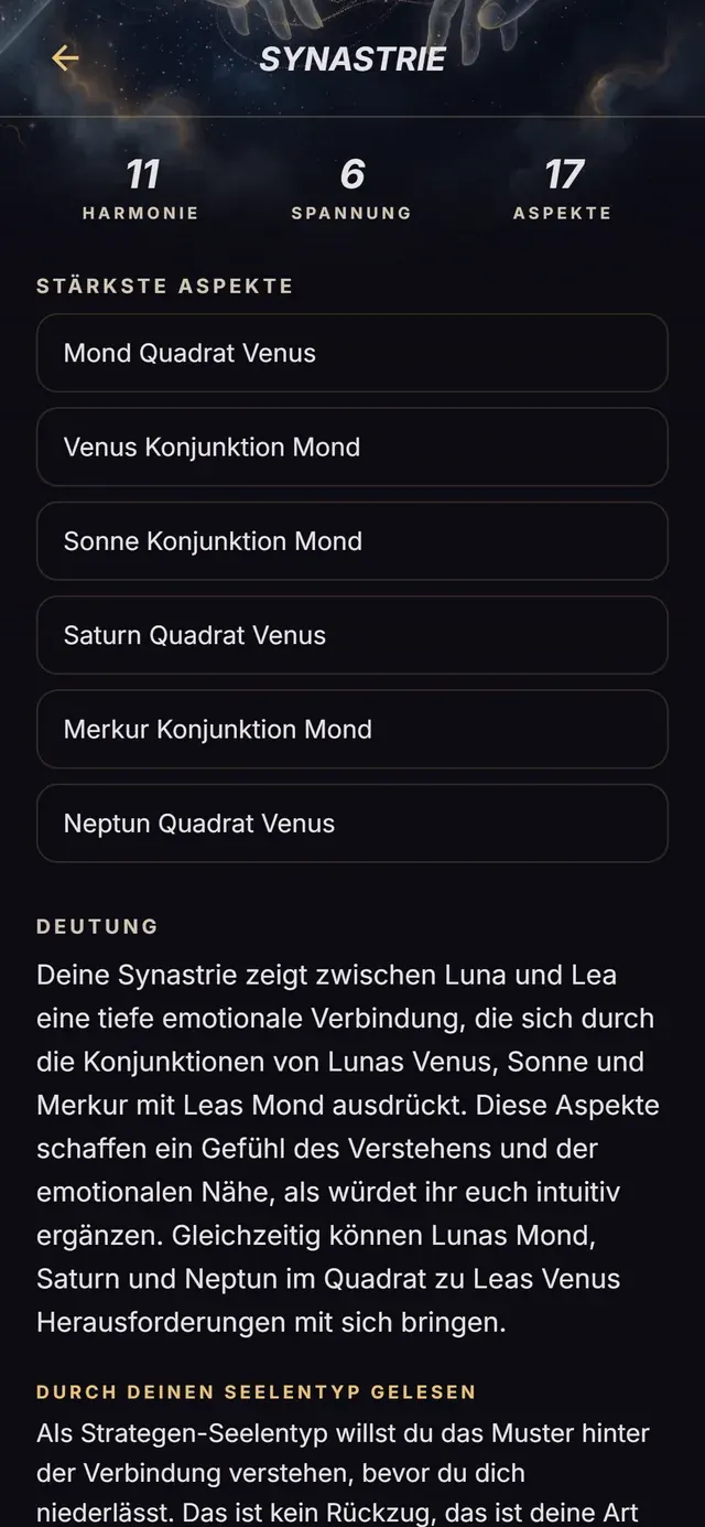 Die Partner-Synastrie der App mit Wert, Aspekten und Deutung