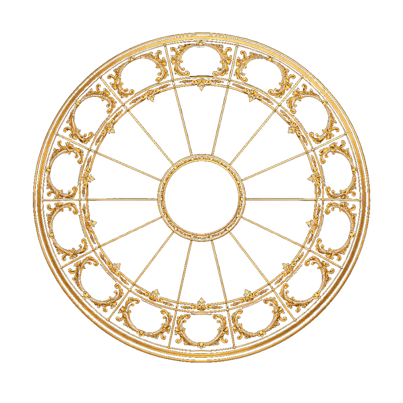 Das Horoskop-Rad von Moonjourn, ein goldener Kreis aus zwölf Medaillons, Speichen und Ornamenten