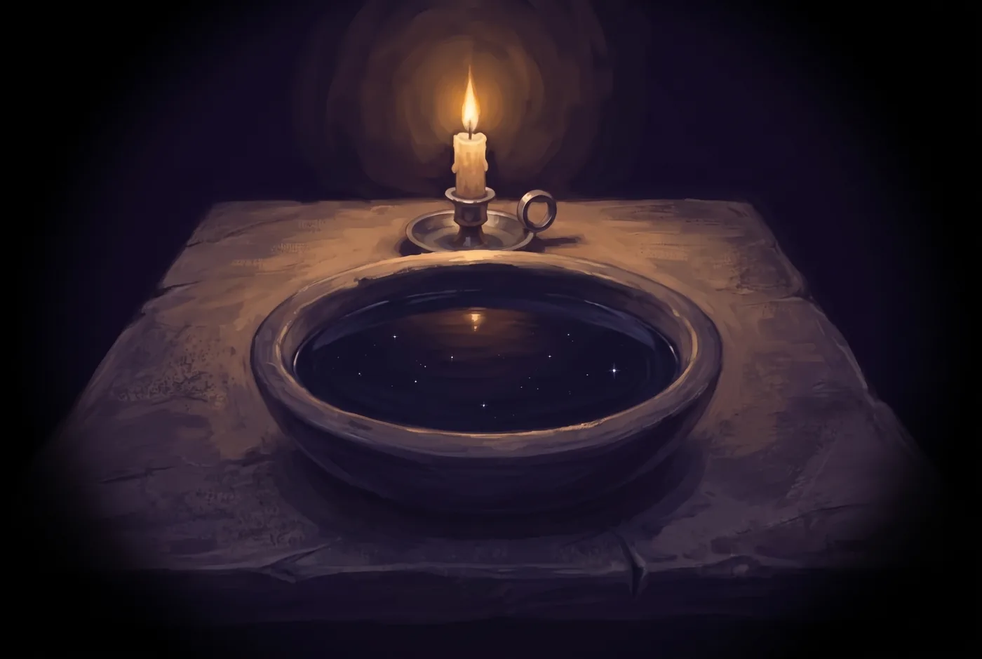 Eine flache Steinschale mit dunklem Wasser bei Nacht, in dem sich Sterne spiegeln, daneben eine brennende Kerze